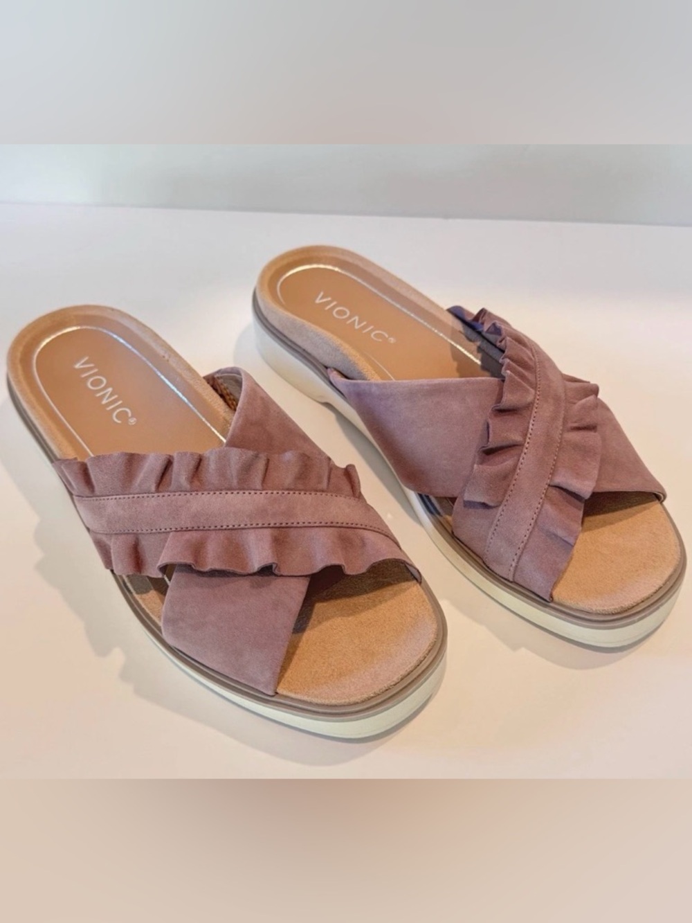 Vionic Azalea Ruffle Slide Sandals Pink Mauve Suede Comfort Size 6.5 NWOB - Picture 8 of 10